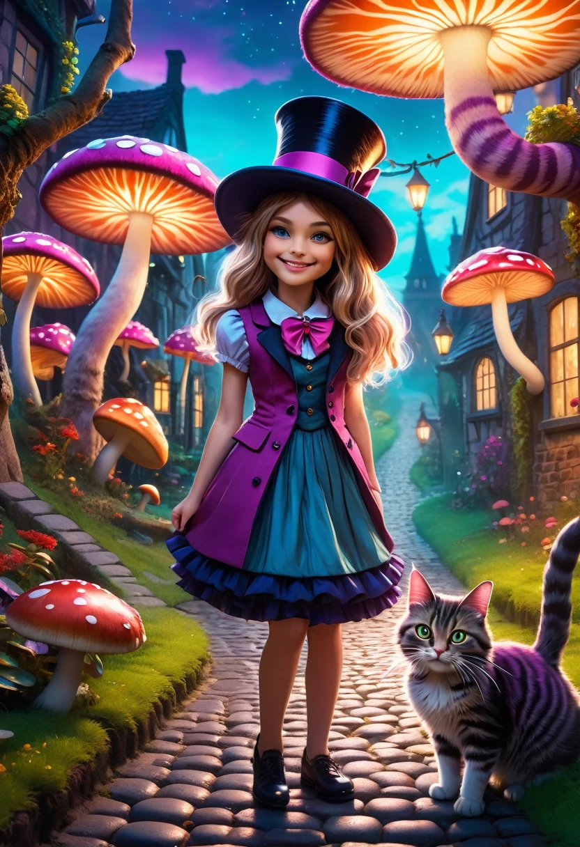 In a whimsical garden, Girl with Cat, a Cheshire cat wearing a top hat and smiling looks at A girl with long hair walking on a cobblestone road, floating mushrooms, surreal scenery, vibrant colors, cinematic lighting, dreamy atmosphere, highly detailed, 8k, realistic, masterpiece