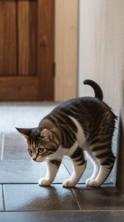 A little cute kitten stands up and puts his mouth to a water bowl tank to drink water,Side view,