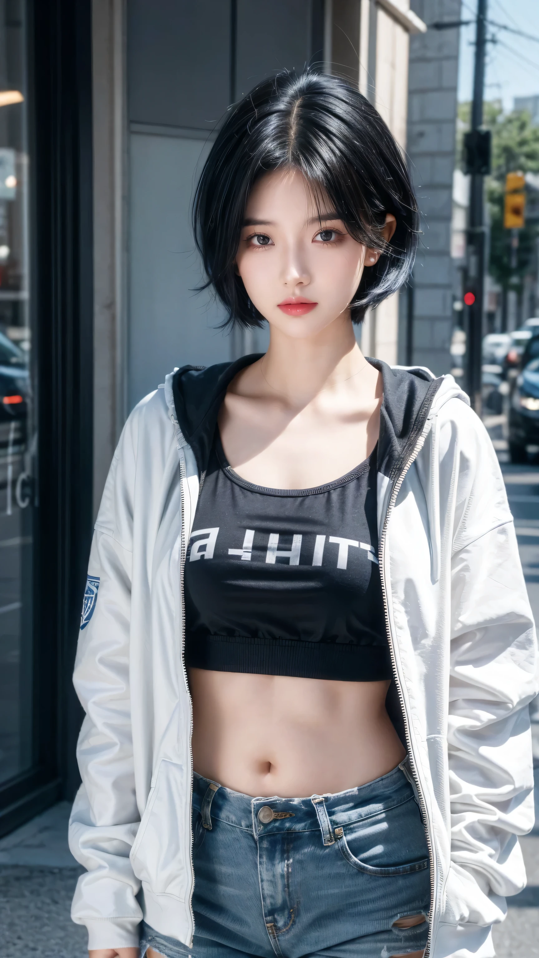 best quality, 1 Girl, dark blue hair, black eyes, Very short hair, Spiky hair, t-shirt, red down jacket , High waist short jeans, 171 cm, Messy hair, Hair between the eyes, Medium breasts, full, Tomboy, aldult, 20 years old, 1 Girl