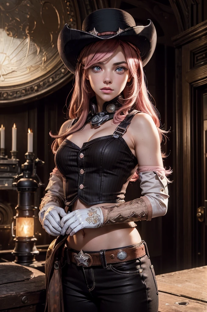(masterpiece,stunning girlfriend, (standing:1.1), dynamic pose, heart shaped face, elegant face, beautiful face, highly detailed face, highly detailed skin, skin pores, subsurface scattering, realistic pupils, looking at viewer, full lips, detailed background, depth of field, atmospheric perspective, volumetric lighting, sharp focus, absurdres, realistic proportions, good anatomy, (realistic, hyperrealistic:1.4), 16k hdr, neopolitan, neopolitan, long hair, brown hair, (brown eyes:1.3), brown eyes, pink eyes, (heterochromia:1.2), ((two-tone hair, split-color hair, pink hair, brown hair, multicolored hair)), BREAK gloves, hat, navel, detached sleeves, midriff, belt, pants, white gloves, black headwear, bowler hat, fighting pose, BREAK standing inside old steam train, night, stars, moon, post-apocalypse, dystopian future, london in ruins, big ben, crowd, (crowd in military uniforms), bonfires, BREAK looking at viewer, (cowboy shot:1.5), BREAK (masterpiece:1.2), best quality, high resolution, unity 8k wallpaper, (illustration:0.8), (beautiful detailed eyes:1.6), extremely detailed face, perfect lighting, extremely detailed CG, (perfect hands, perfect anatomy)