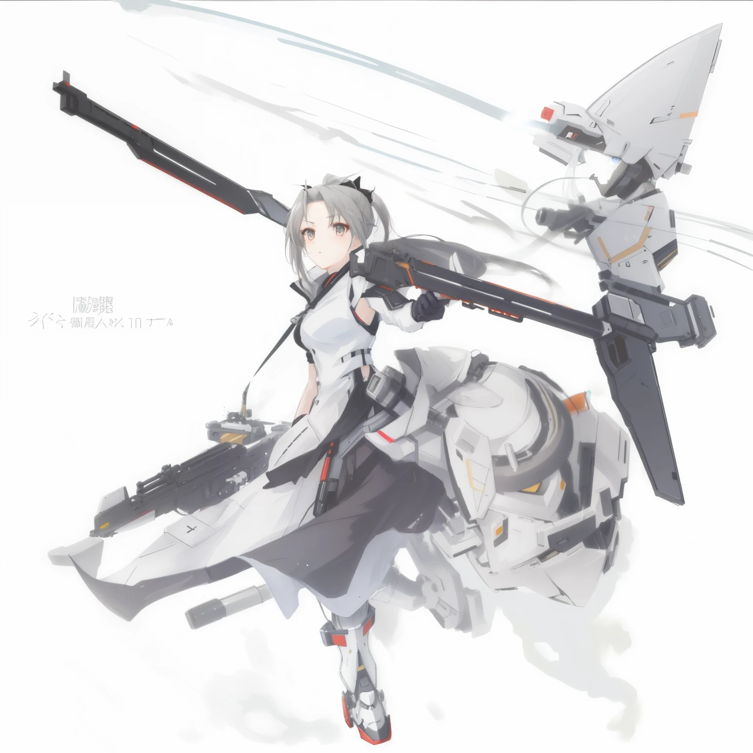 (ponytail forehead hair pulled back:1.3), anime character with gun and gun on a white background, from arknights, by Shitao, kantai collection style, mecha asthetic, mechanized valkyrie girl, zerochan art, fully robotic!! girl, pristine concept art, guweiz on pixiv artstation, ethereal and mecha theme, kancolle, cushart kenz