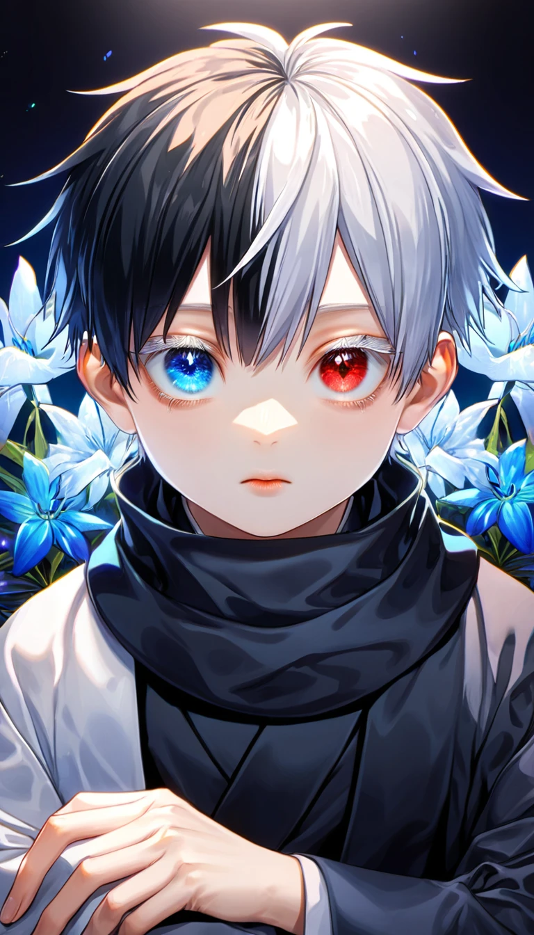 absurdres, highres, ultra detailed, HDR, master piece, best quality, extremely detailed face and eyes, Gojo Satoru as a little boy, solo, cute, short hair with bangs, hair between the eyes, he has two different hair colour, bicolored hair, right half black hair, left half white hair, heterochromia, right eye red, left eye blue, white eyelashes, Jujutsu Kaisen, black scarf, white haori, black kimono, sitting, blue petals, blue lilies, blue moon, blue fireflies, blue background, shining, sparkling, magical