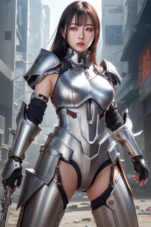 ((battle with monsters))、highest quality、masterpiece、ultra high resolution、(Photoreal:1.4)、RAW photo、1 girl、golden hair、glowing skin、(((1 Mechanical Girl)))、with a beautiful knife、(Blue Metal Bodysuit)、(beautiful forest background)、(battle with monsters)、(Small LED)、((Ultra realistic details))、vertical giant monster background),global illumination、Shadow、octane rendering、8k、super sharp、big breasts、The bare skin of the cleavage is exposed、Metal、intricate decorative details、Japan details、very intricate details、realistic light、Trends in CG society、red eyes、Eyes shining towards the camera、Mechanical vertebrae attached to back with mechanical edge blood vessels connected to neon details tubes、cervical vertebrae mechanically attached to the neck、(Wires and cables connecting to the head)、gundam、Small LED、,mechanical thighs、2 stocks、(Hands are also made of machineonster attack)、(injured in a deadly fight)、