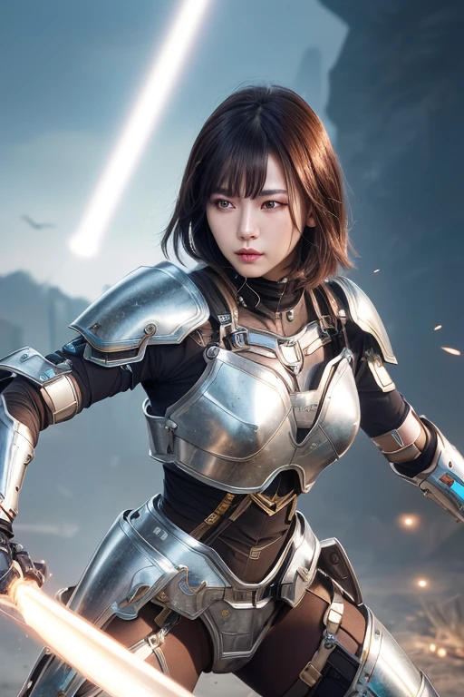 Digital Cyberpunk Art、highest quality、Ultra-high quality CG Unity 8K、Brown medium hair、One Japanese woman、Medium chest、(Shiny metallic armor)、((Wears silver mechanical armor with white LED lights))、desolate wasteland、(fighting stance)