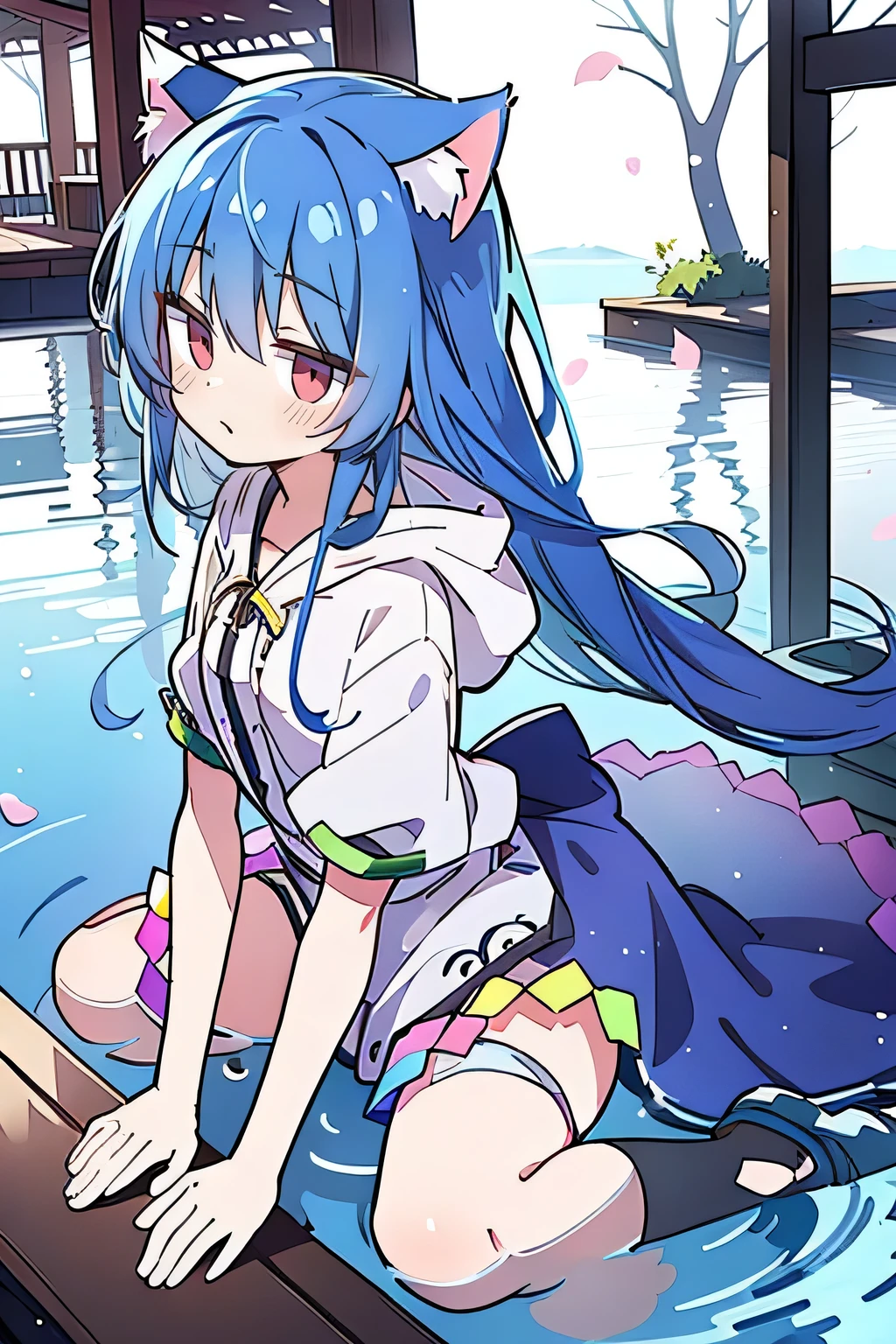 （masterpiece：1.2），Super detailed，lifelike，Expressive eyes，fair skin，perfect face shape，1 girl，
Japanese comics,Gorgeous blue hair,flowing blue hair,flowing clothes,Cat ears,Petals fall,beautiful lola,Baby Angel,
Shaking head with one hand，Cross your legs，Gentle and peaceful background，The pavilion is cool and comfortable,smile, wearing hoodie, background of tokyo,back views,snowing, winter,lie on the water. 