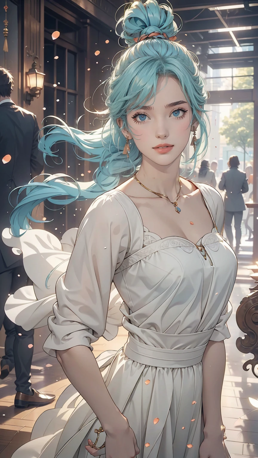 (masterpiece), (highest quality), (Super detailed),(Disheveled Hair),(figure), (One girl), (Fashionable clothes), Are standing, Fashion Model, View Viewer, (interview), (Simple Background),Beautiful fine details, Delicate and beautiful face, floating,(High chroma),(Colorful splashes),Colorful Bubbles,(The Shining), Focus on the face, ponytail, kamisato ayaka, Light blue hair, bangs, Hair Ring, Floating Flowers, Floating hair, (The Shining), Best lighting, Best Shadow,
