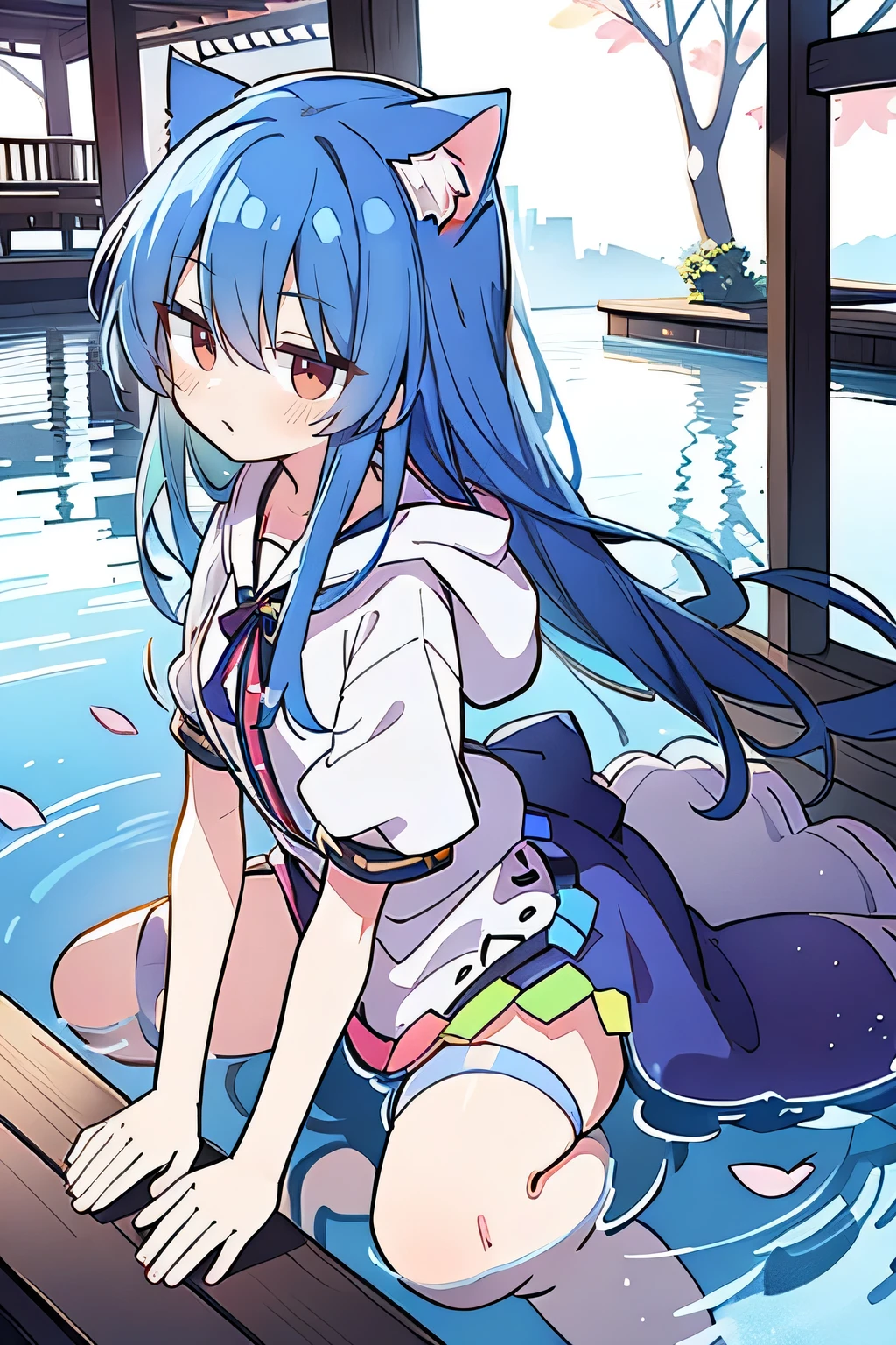 (masterpiece:1.2),Super detailed,lifelike,Expressive eyes,fair skin,perfect face shape,1 girl,
Japanese comics,Gorgeous blue hair,flowing blue hair,flowing clothes,Cat ears,Petals fall,beautiful lola,Baby Angel,
Shaking head with one hand,Cross your legs,Gentle and peaceful background,The pavilion is cool and comfortable,smile, wearing hoodie, background of tokyo,back views,snowing, winter,lie on the water.