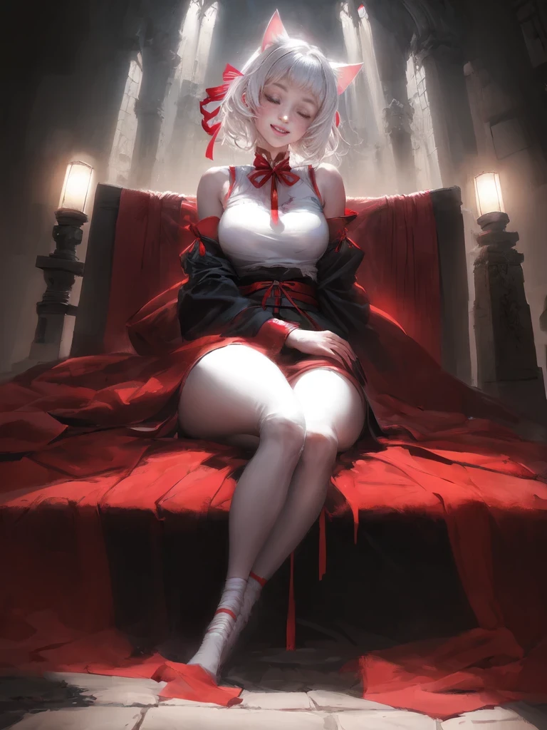 ((masterpiece, best quality)), [wa lolita|loli], 1girl, solo, flat chest, sitting, short hair, white hair, red eyes, one eye closed, looking at viewer,
 full body, japanese clothes, detached sleeves, clothes pull, (cuddling:1.21), standing, socks, cat girl, ribbon, smile, shrine