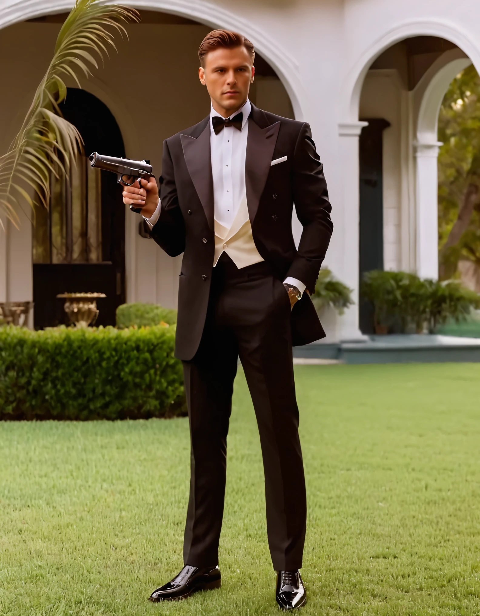 masterpiece, best quality, 1man, male focus, solo, solo focus, hispanic, perfect hands, holding pistol with one hand, (Beretta 92FS), hand in pocket, brown hair, hazel eyes, tuxedo, black tuxedo, danger atmosphere, mansion backdrop, combed back hair, white shirt, black pants, dress shoes, matching shoes. outdoors, looking away.