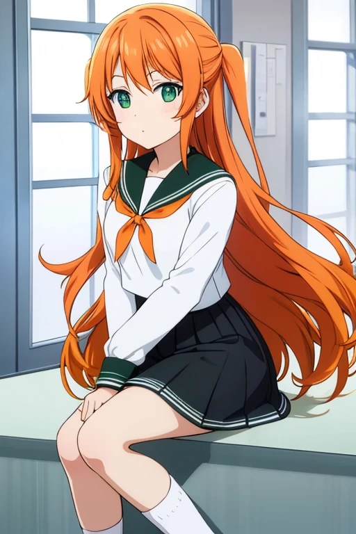 Long orange hair, detailed green eyes,  white uniform sailor dress, long black socks.