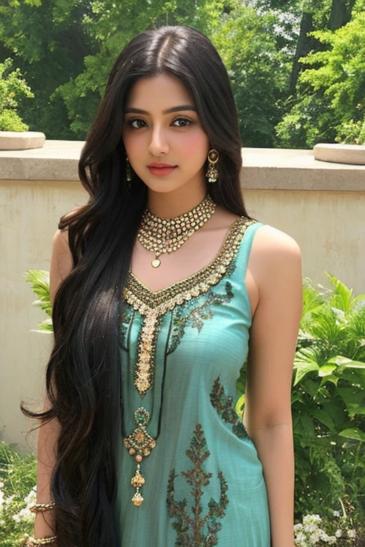 1girl in, age19, Solo, Long hair, Colossal , Looking at Viewer, black hair, Bare shoulders, Brown eyes, jewely, Full body, a necklace, off shoulders, salwar and dupatta, Realistic, A sexy