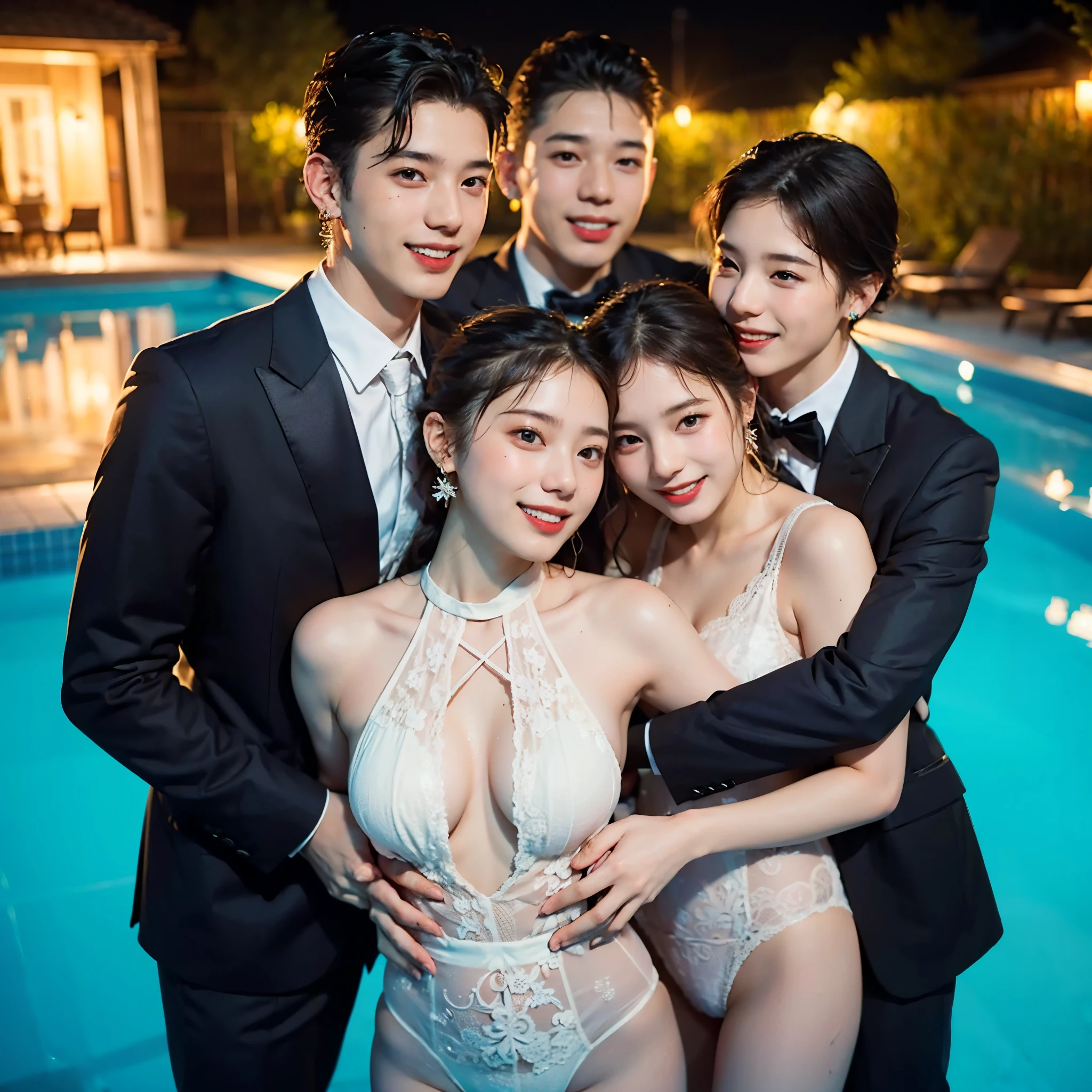 Highest quality, masterpiece, ((Two boys and two girls)), The girls are wearing a see-through beige lace tight bodysuit., (The boys are wearing formal dark suits), (hugging each other in the pool), Hair tied up, Waterlogged, Wearing earrings, ((Dim pool at night)), ((Smiling)), ((Closely attached))