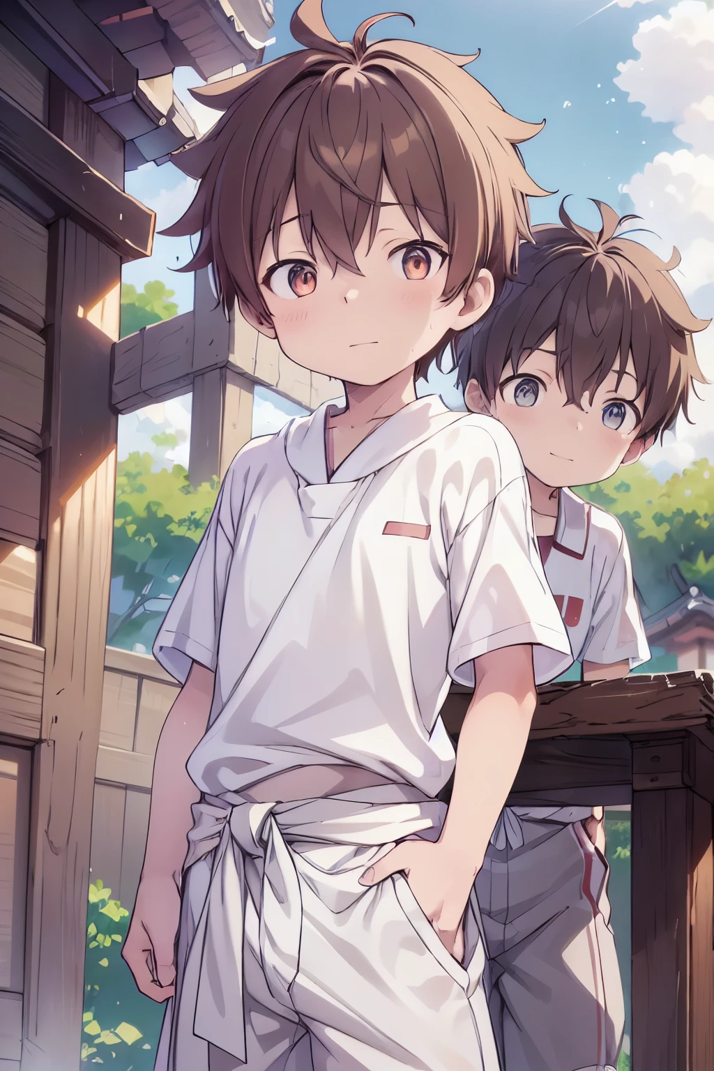 2boys, aoi, masterpiece, ultra detail, male focus, soccer shirt, adorable captivating, light brown hair , red eyes , white albine skin, japanese style, steam smork, japan style, anime coloring, shy, home muji style, detailed face, white towel on waist,white silk, outdoor, sweat, 