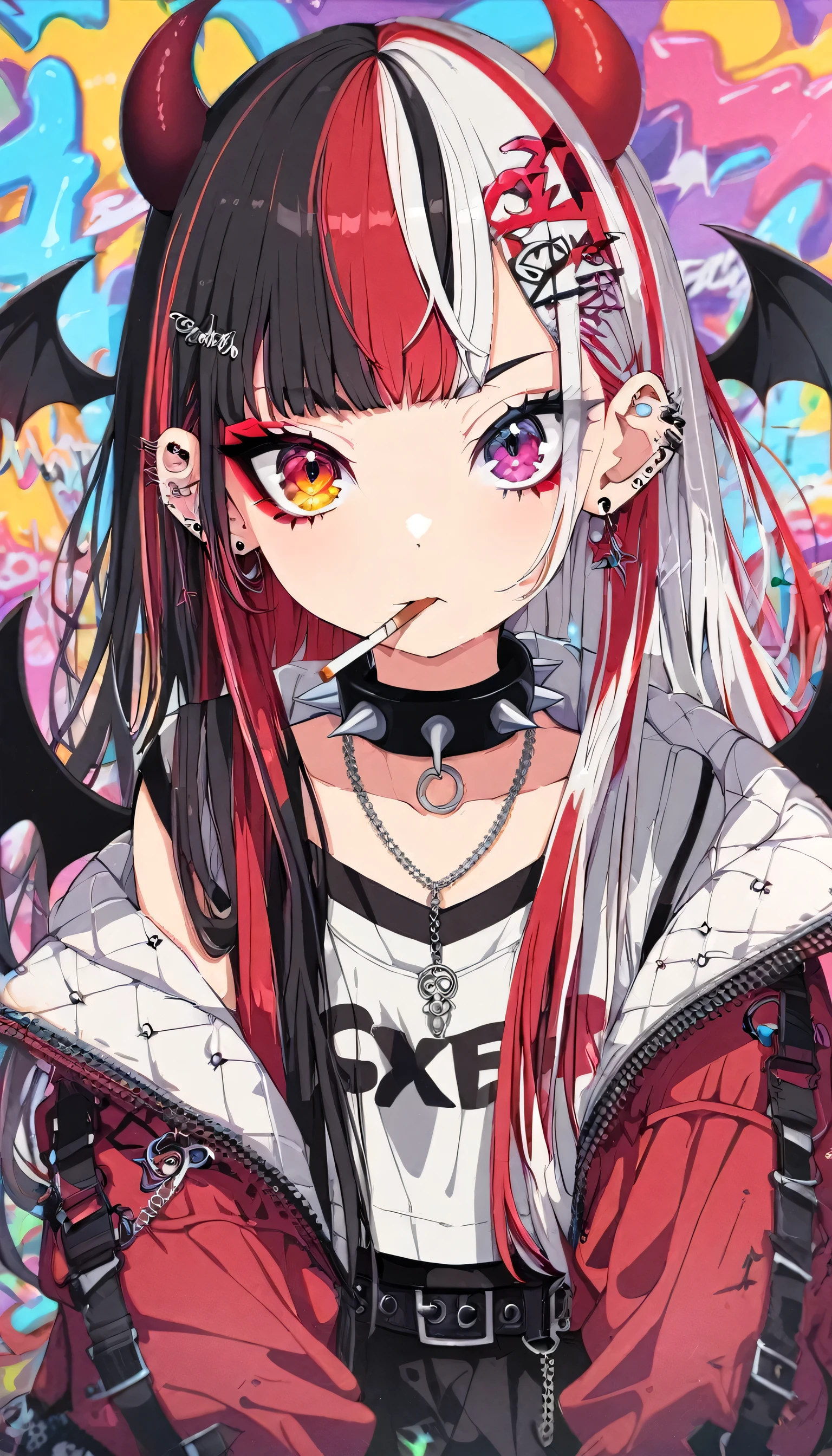 1girl, kawaii, , long hair, looking at viewer, bangs, skirt, black hair, hair ornament, red eyes, thighhighs, jewelry, jacket, white hair, multicolored hair, earrings, wings, belt, black thighhighs, necklace, collar, two-tone hair, english text, tattoo, leaning forward, heterochromia, piercing, ear piercing, red jacket, spikes, eyeshadow, demon wings, cigarette, spiked collar, ((split-color hair)), colorful graffiti background:1.5, (upper body),more detail XL