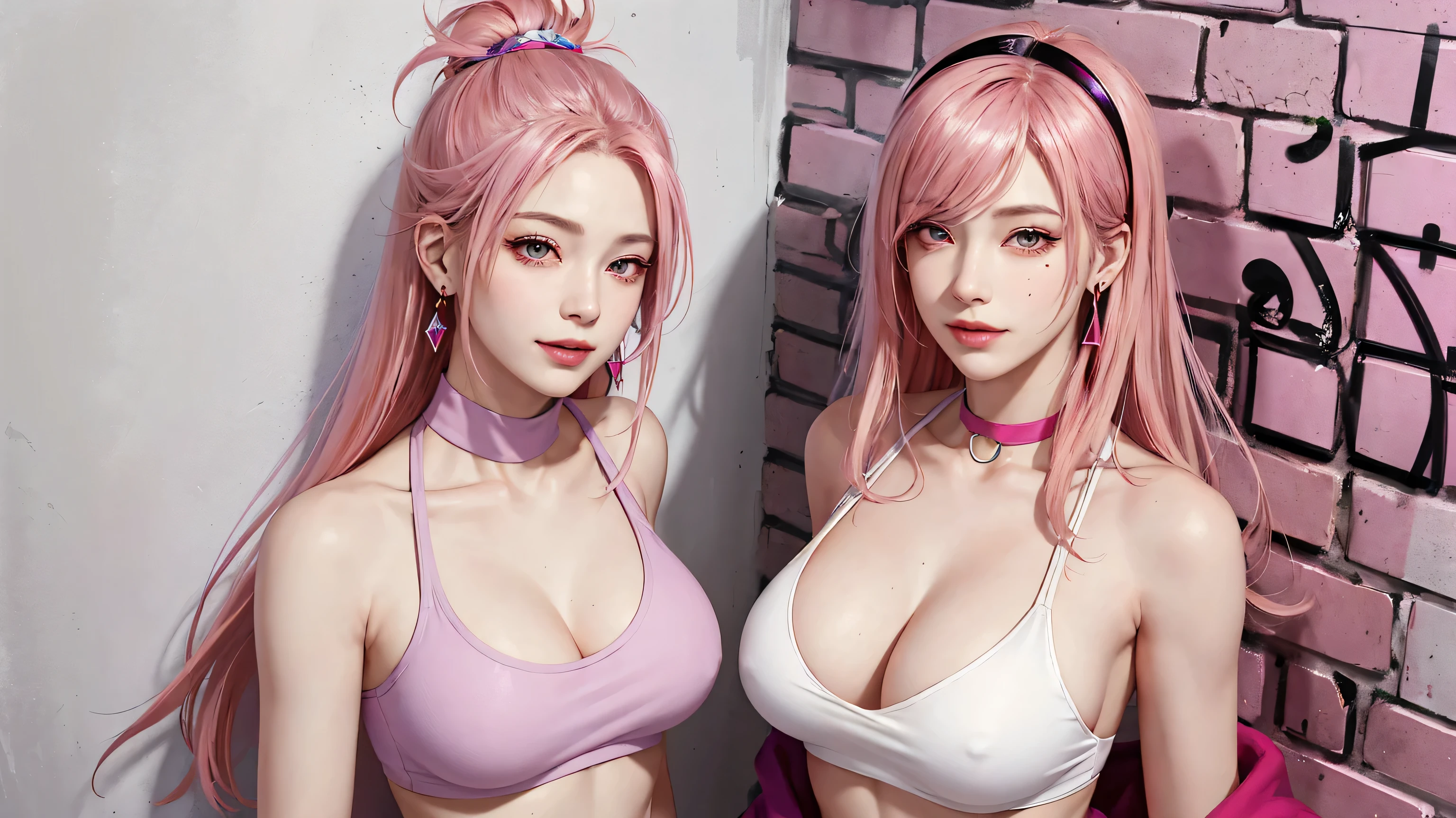 (Masterpiece, best quality, 1 girl, alone, complicated details, Chromatic aberration), realistic, ((Moderate breath)),long hair, pink hair, Red headpiece, Pink Highlights, hair on one eye,purple eyes, earring, sharp eyes, choker, Neon coat, She wears a collar, bangle, and kimono style garters., crop top, (symmetrical eyes),(Perfect symmetrical body),against the wall, Brick wall, (colorful graffiti words on the wall:1.2), The light is dim., alley ,Look at the viewer.、Dig the chest、smile、(sleeveless、Navel touch、Fitted turtleneck.)、street string hot pants、Thin bottom、Please build above the eaves..、Thin shoulders、in underwear、