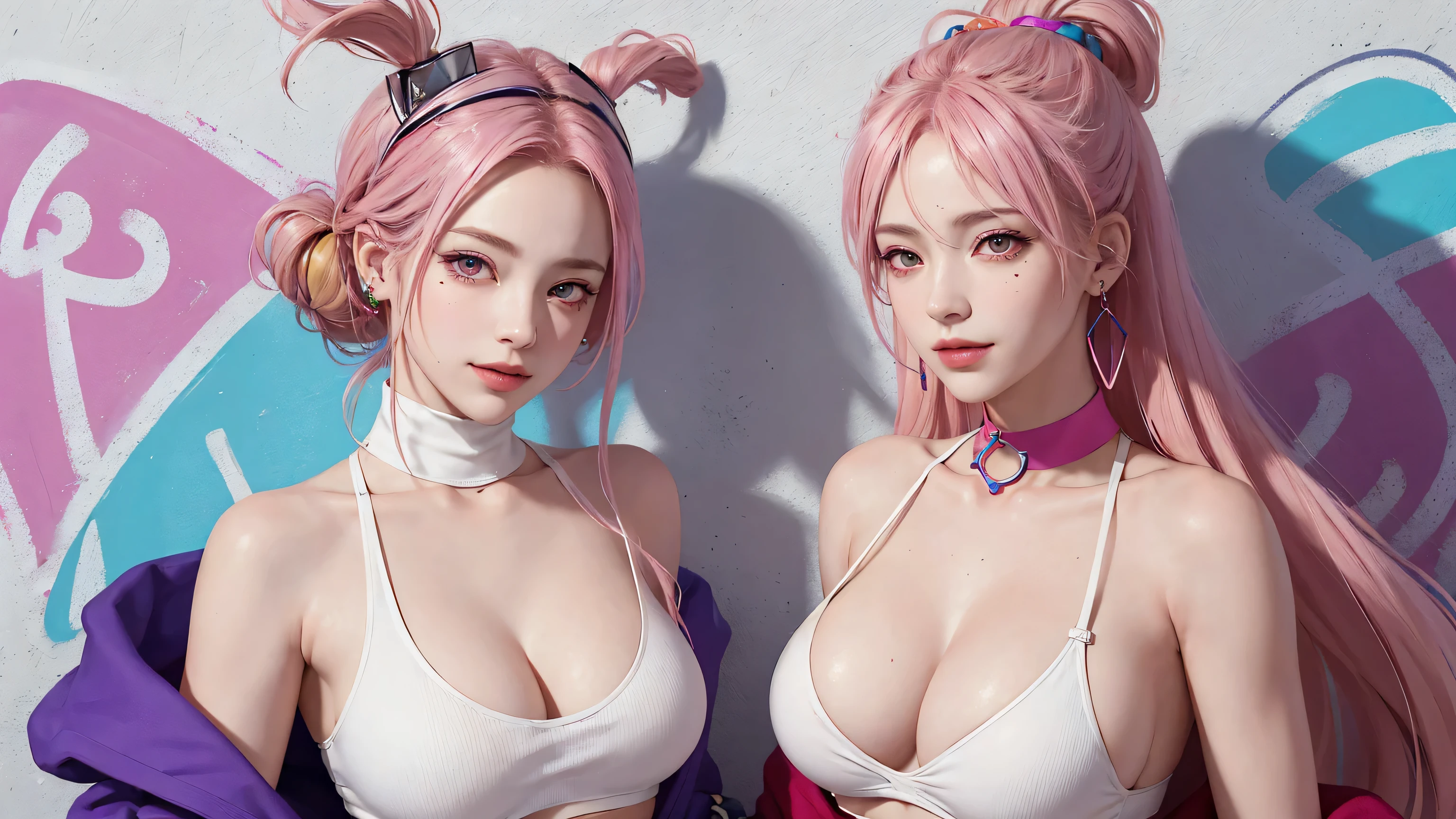 (Masterpiece, best quality, 1 girl, alone, complicated details, Chromatic aberration), realistic, ((Moderate breath)),long hair, pink hair, Red headpiece, Pink Highlights, hair on one eye,purple eyes, earring, sharp eyes, choker, Neon coat, She wears a collar, bangle, and kimono style garters., crop top, (symmetrical eyes),(Perfect symmetrical body),against the wall, Brick wall, (colorful graffiti words on the wall:1.2), The light is dim., alley ,Look at the viewer.、Dig the chest、smile、(sleeveless、Navel touch、Fitted turtleneck.)、street string hot pants、Thin bottom、Please build above the eaves..、Thin shoulders、in underwear、