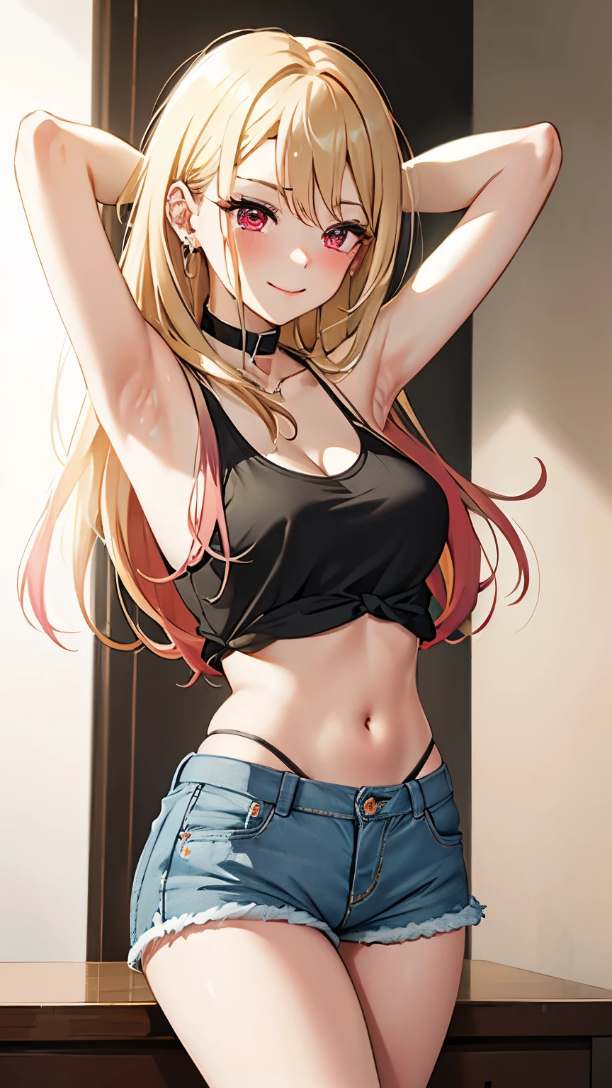 masterpiece, highres, solo, 8k, detailed, perfect face, (ultra high quality), looking viewers, collar bones, armpit, medium breast, cleavage, blonde hair, red eyes, belly, stomach, navel, crop tanktop, denim short, mini short, slim body, smile, blush, thigh