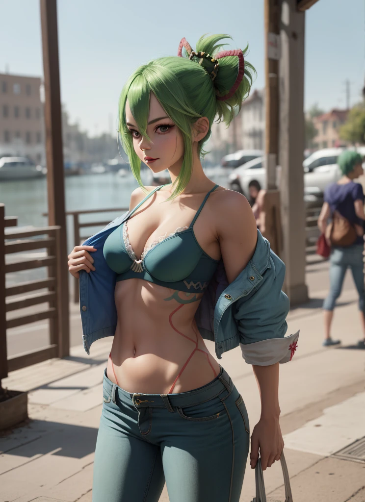 Cute girl, Standing, wearing a white bra, blue pants, green hair, Superhero Wolverine