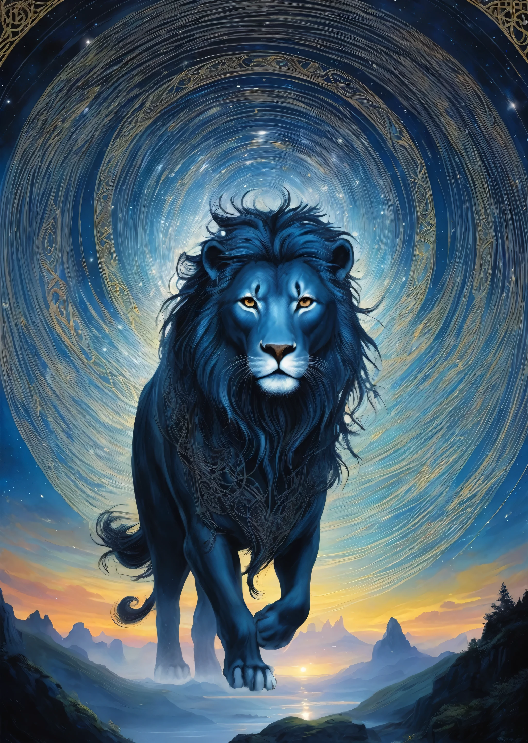 Sacred beasts of Celtic mythology、beautiful 、Surreal 、night 、Star trail、Long exposure night sky、dream-like, Folklore,   Celtic tradition、magic, orientalism, Romanticism、highest quality、Masterpiece、