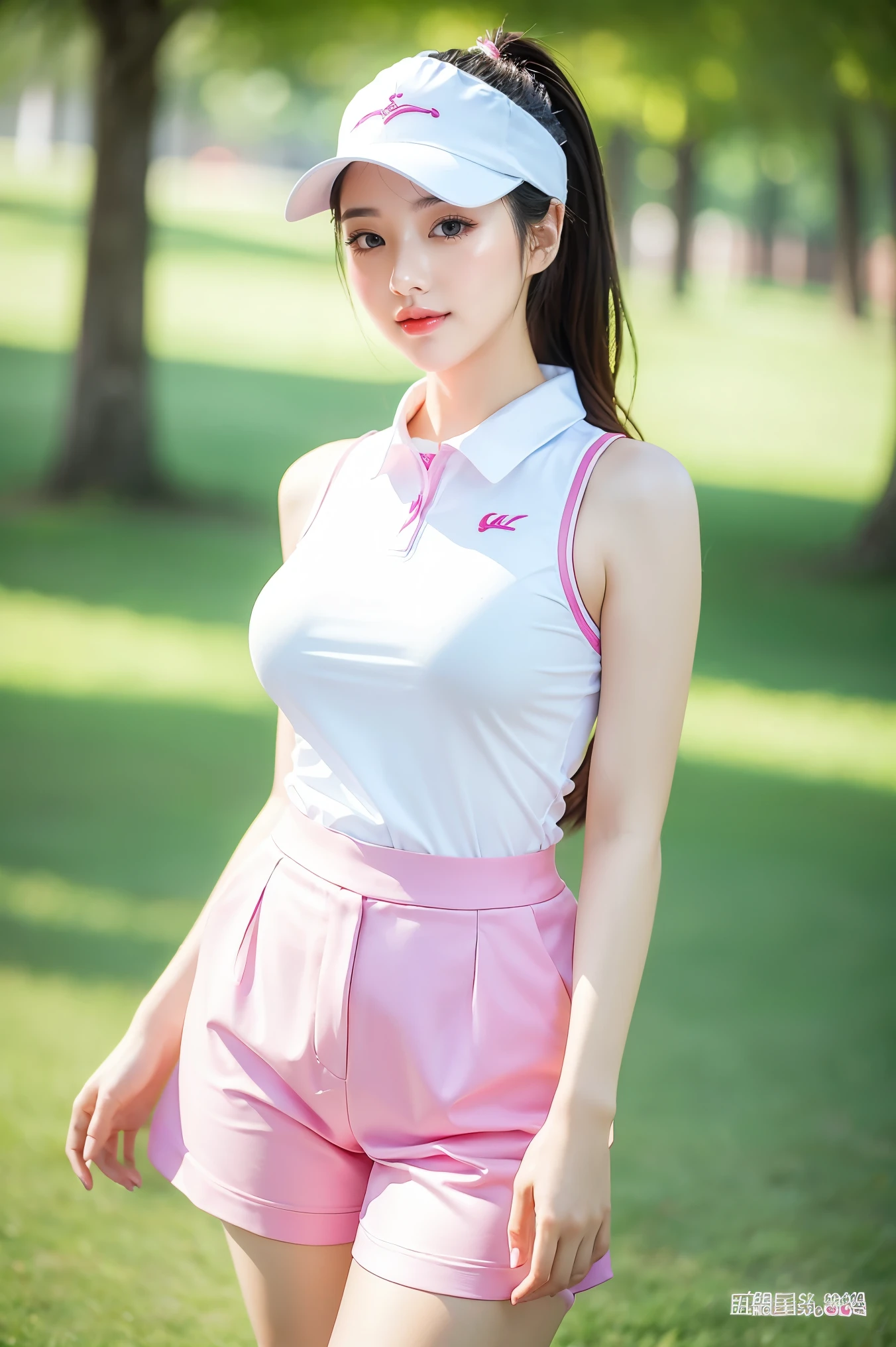 (highest quality、masterpiece、8k、Best image quality、Award-winning works)、(1 female:1.1)、(alone:1.1)、(Perfect Stylish Golf Wear:1.1)、(White and pink gradient golf wear:1.1)、(Shorts:1.1)、 (Golf Cap:1.1)、(Voluptuous body:1.2)、(Very large breasts:1.2)、(Accentuate your body lines:1.1)、(Standing Elegantly:1.1)、(Accurate anatomy:1.1)、Show your teeth and have the best smile、The most natural and perfect golf course、clear, Beautiful sky、Beautiful thunderclouds、Beautiful real grass、Very bright and vivid、Bright and glowing skin、(Strongly blurred background:1.1)、Upper body photo、Very bright、Perfect Makeup、Long eyelashes、Bright lipstick、Glossy lips、Ultra HD glossy skin、Ultra-high resolution, bright and beautiful skin、超高精細のGlossy lips、Ultra-high resolution beautiful teeth
