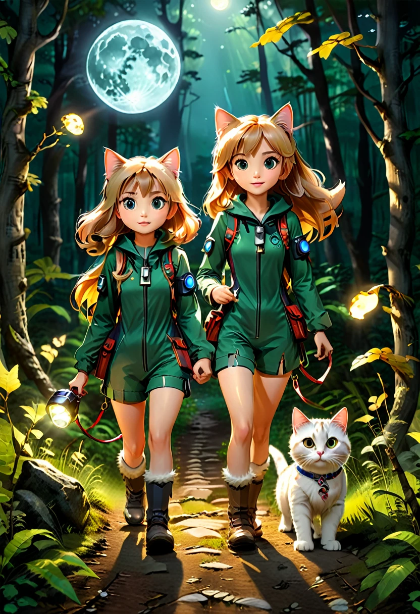 on a full moon night, the girl and her cat friend, dressed in adventure suits and holding flashlights, explore the forest path, chasing the legendary ghost cat footprints, relying on each other and bravely moving forward, (masterpiece, best quality, Professional, perfect composition, very aesthetic, absurdres, ultra-detailed, intricate details:1.3)