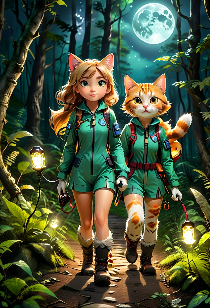 on a full moon night, the girl and her cat friend, dressed in adventure suits and holding flashlights, explore the forest path, chasing the legendary ghost cat footprints, relying on each other and bravely moving forward, (masterpiece, best quality, Professional, perfect composition, very aesthetic, absurdres, ultra-detailed, intricate details:1.3)