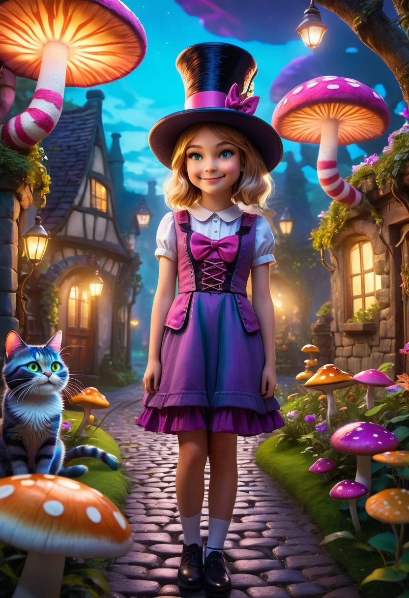 In a whimsical garden, Girl with Cat, a beautiful girl looks at a Cheshire cat wearing a top hat and smiling. The cobblestone road, floating mushrooms, surreal scenery, vibrant colors, cinematic lighting, dreamy atmosphere, highly detailed, 8k, realistic, masterpiece