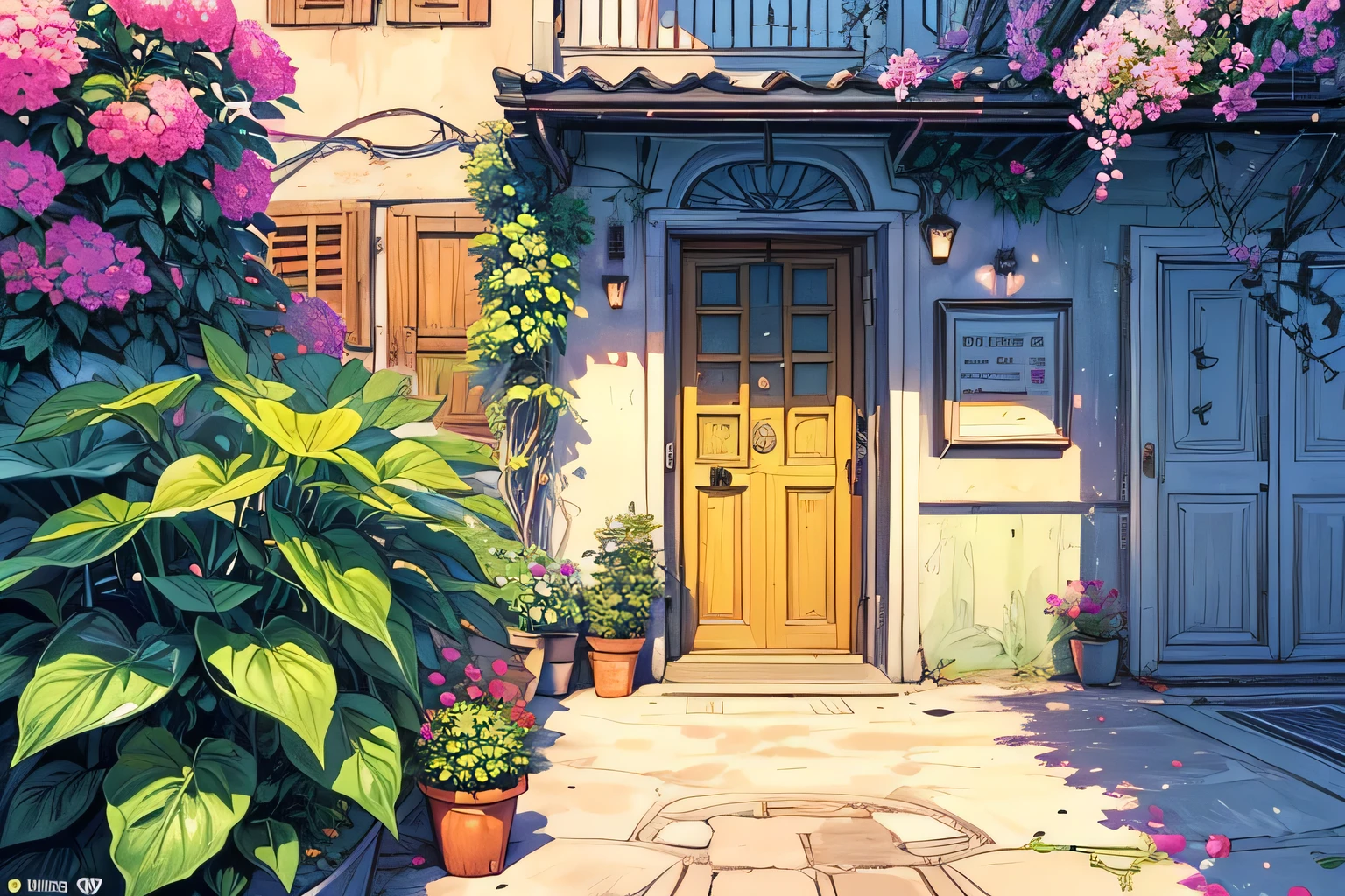 (masterpiece:1), (full view:1.5), (a charming cobblestone plant nursery street in Italy:1.6), (tropical flora:1.3), silent, (Vibrant bougainvillea spill over wrought-iron balconies:1.4), (Potted palms line the sidewalk:1.2), (Dim volumetric light:1.4), peaceful, (beautiful tones:1.5), (peaceful ambience :1.4), (calmness: 1.4), (Decorative terracotta pots overflowing with exotic blooms:1.3), (beautiful aesthetics:1.2), (Brightly painted shutters frame windows adorned with trailing vines:1.2), beautiful tones, subtle colors, peaceful, (illustration: 1.0), epic composition, realistic lighting, HD details, masterpiece, best quality, , (no human:1.7), ((Door focus)), ((((door closes)))), (((low angle)))