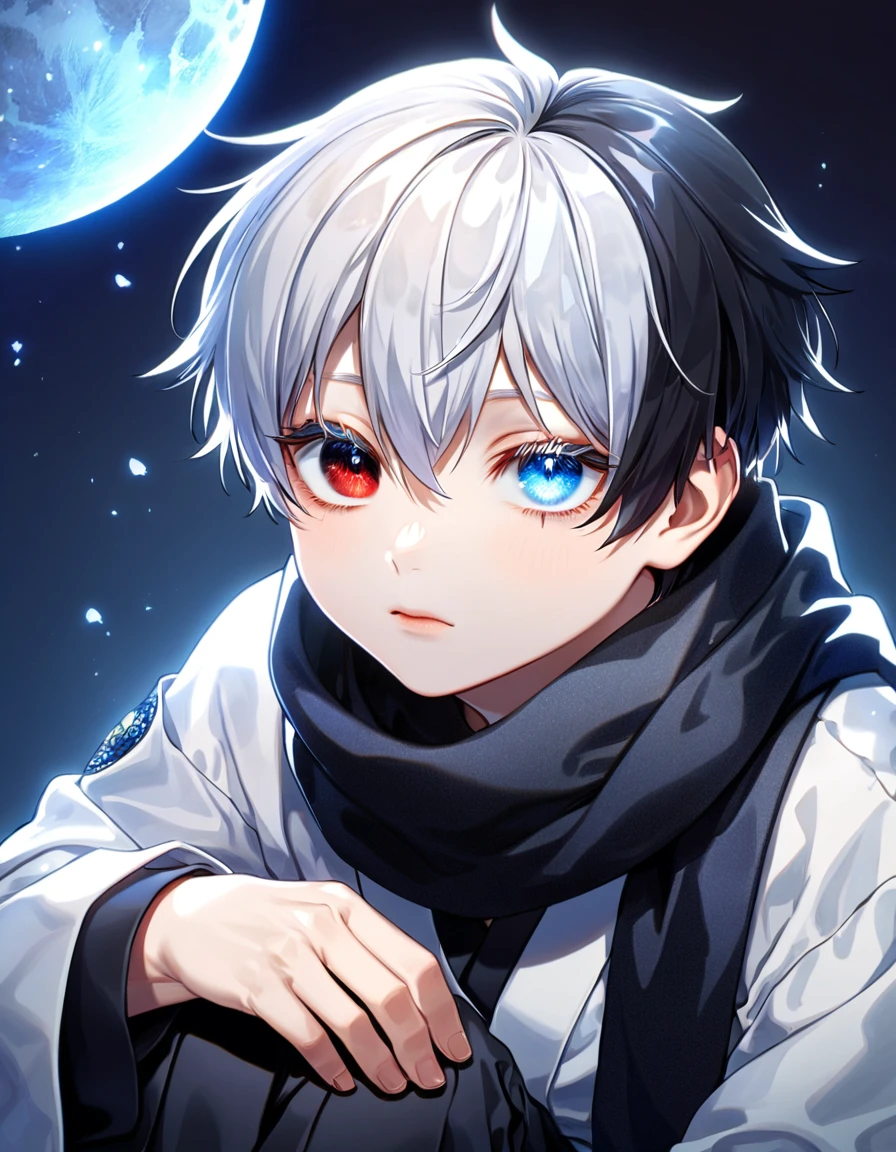 absurdres, highres, ultra detailed, HDR, master piece, best quality, extremely detailed face and eyes, Gojo Satoru as a little boy, solo, cute, short hair with bangs, hair between the eyes, he has two different hair colour, bicolored hair, right half black hair, left half white hair, heterochromia, right eye red, left eye blue, white eyelashes, Jujutsu Kaisen, black scarf, white haori, black kimono, sitting, blue petals, blue lilies, blue moon, blue fireflies, blue background, shining, sparkling, magical