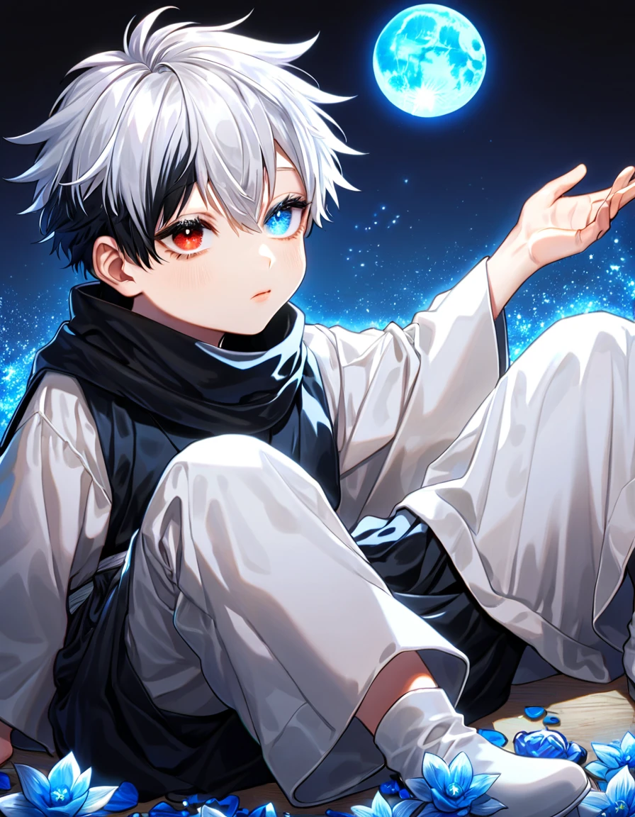 absurdres, highres, ultra detailed, HDR, master piece, best quality, extremely detailed face and eyes, Gojo Satoru as a little boy, solo, cute, short hair with bangs, hair between the eyes, he has two different hair colour, bicolored hair, right half black hair, left half white hair, heterochromia, right eye red, left eye blue, white eyelashes, Jujutsu Kaisen, black scarf, white haori, black kimono, sitting, blue petals, blue lilies, blue moon, blue fireflies, blue background, shining, sparkling, magical