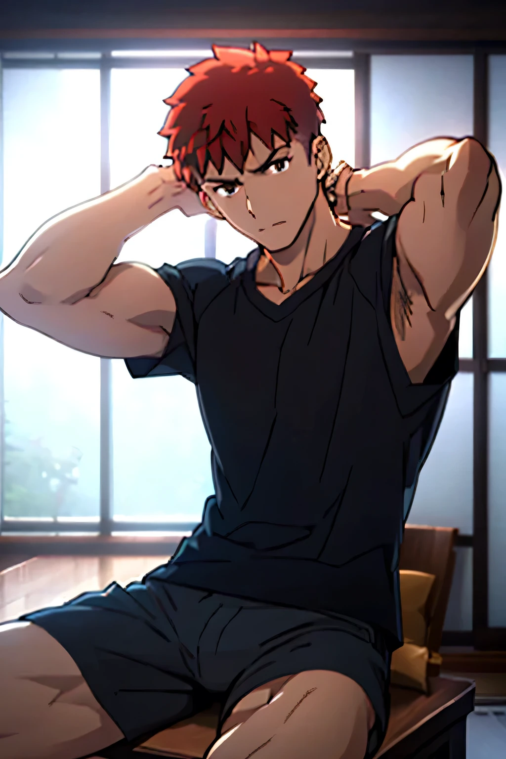 Shirou is sitting and flexing his biceps. He wears black shorts. You can see his thighs. He looks stoic and serious. He has bulging veins on his arms. He wears a black tshirt with short sleeves. His sleeve is completely rolled up so you can see his entire arm and shoulder.