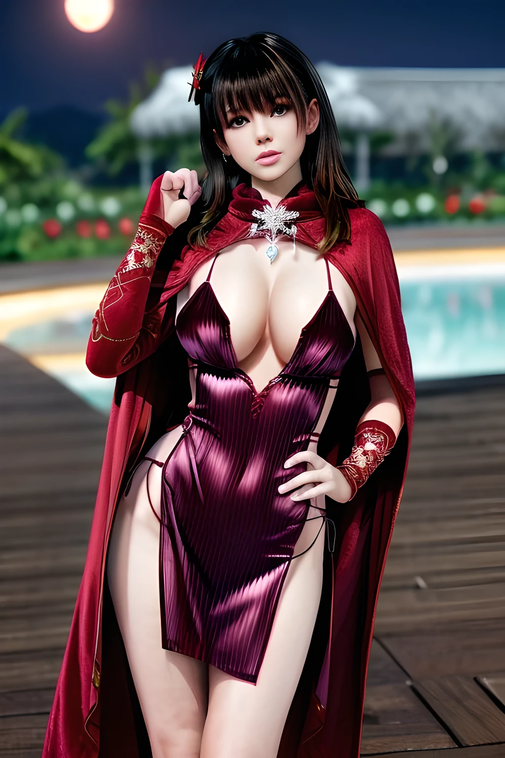 1girl,(RED theme: 1.2), (Velvet fabric nightgown: 1.2), (Ice flower cloak: 1.5), ,garden,moon,huge breasts,lactating,(lip gloss),(masterpiece), best quality, (real life portrait photography:1.5),unltra detailed,8K,Shot with a professional-grade camera like the Nikon D850,every intricate detail is captured, from the subtlest expression to the glimmer of anticipation in her eyes,Focus on thighs and above,,nanami