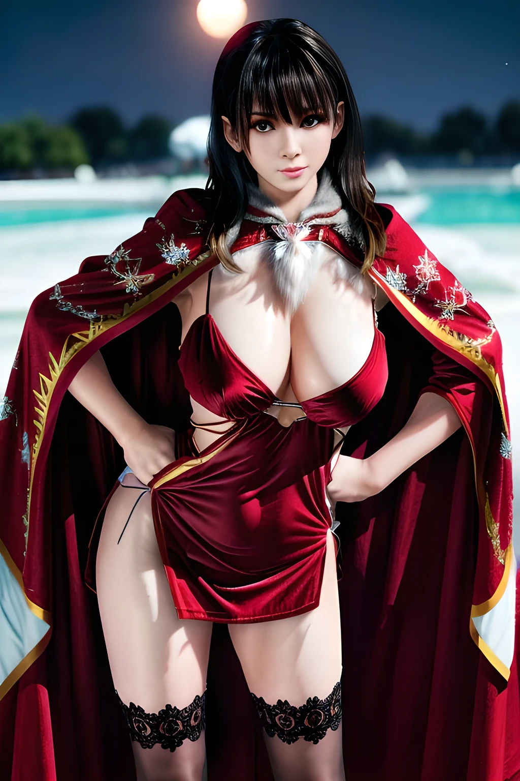 1girl,(RED theme: 1.2), (Velvet fabric nightgown: 1.2), (Ice flower cloak: 1.5), ,garden,moon,huge breasts,lactating,(lip gloss),(masterpiece), best quality, (real life portrait photography:1.5),unltra detailed,8K,Shot with a professional-grade camera like the Nikon D850,every intricate detail is captured, from the subtlest expression to the glimmer of anticipation in her eyes,Focus on thighs and above,,nanami