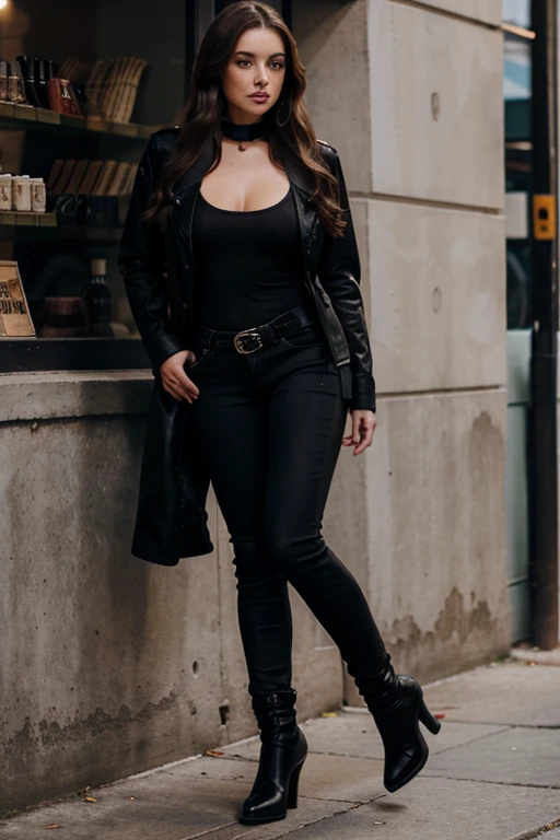 Woman in her 38s, long brown hair, brown eyes, full body view, destination black jeans, black jacket in gothic style, wearing high-heeled boots and makeup in the same style