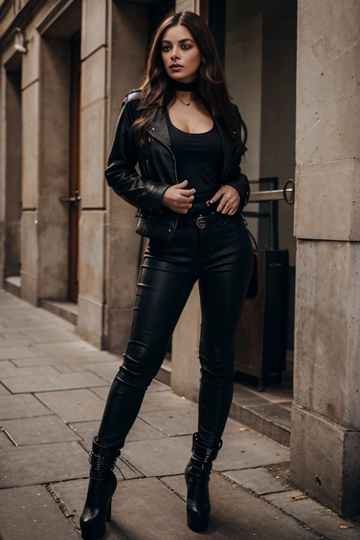 Woman in her 38s, long brown hair, brown eyes, full body view, destination black jeans, black jacket in gothic style, wearing high-heeled boots and makeup in the same style