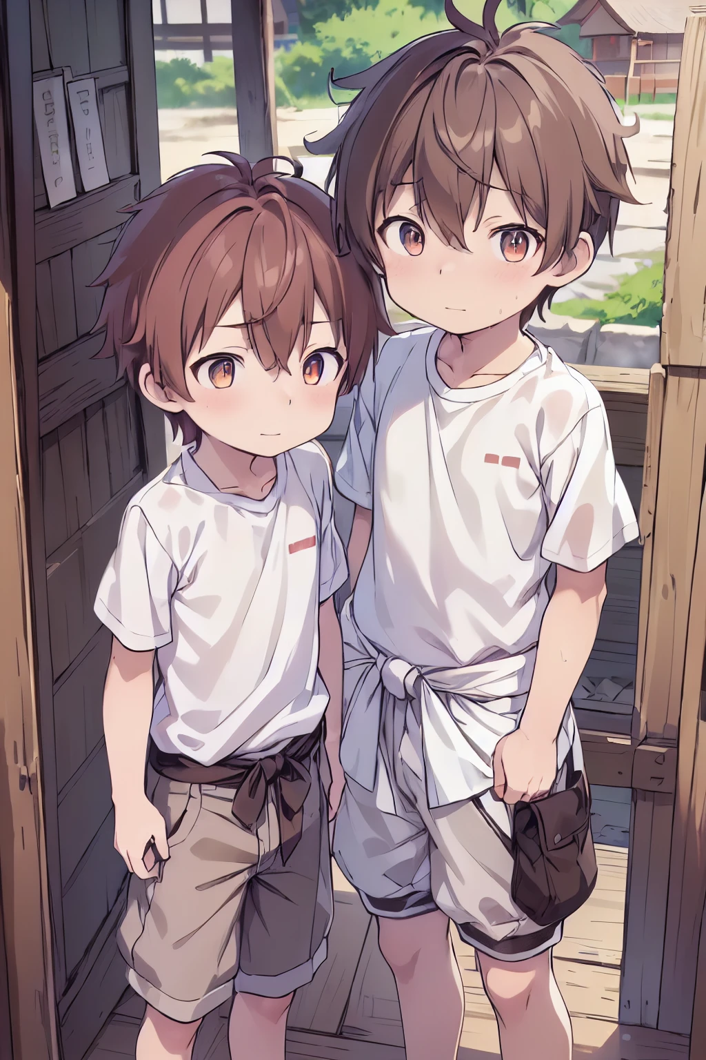 2boys, aoi, masterpiece, ultra detail, male focus, soccer shirt, adorable captivating, light brown hair , red eyes , white albine skin, japanese style, steam smork, japan style, anime coloring, shy, home muji style, detailed face, white towel on waist,white silk, outdoor, sweat, 