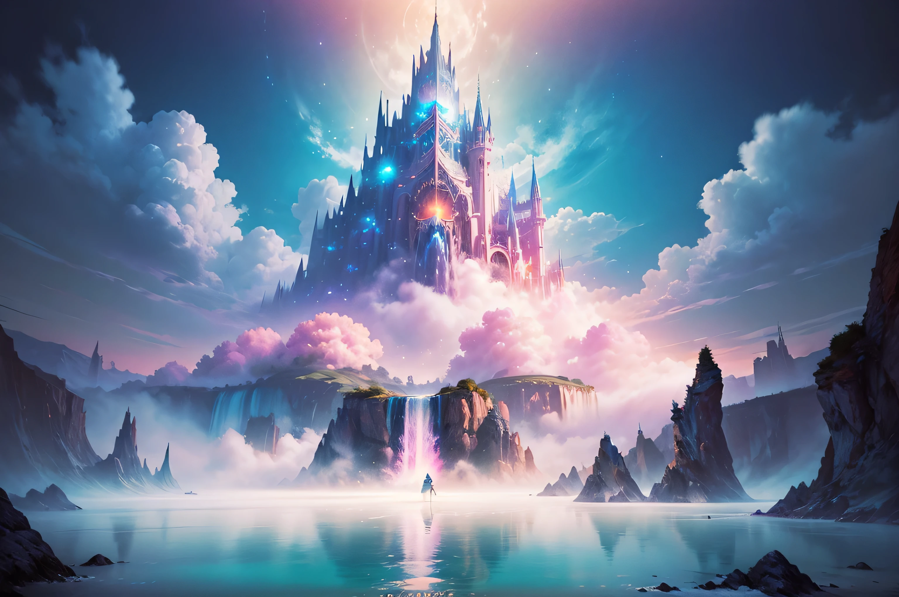 Enchanting utopian world scenes that imagine the majestic realm of romantic fantasy. The environment is full of intricate floating islands, Fluffy clouds, Waterfall cascading from floating island, and a vibrant, Surreal atmosphere. The atmosphere is filled with a sense of wonder and tranquility. Include a variety of pink shades as well as other vibrant jewel tones in the image. This scene will be depicted with anime style illustrations, with soft lines, pastelcolor, And whimsical touch. All buildings are extremely detailed and elegant. The artwork will capture the ethereal beauty and serenity of a dreamlike realm, Create a sense of harmony and escape from the ordinary world. Add cyan water, Colorful watercolor sky, Luminous elements, and lots of little fantasy details，including iridescence, Beautifully crafted landscapes, glittery. And most importantly, This should look like a fantasy artwork. (((A utopian world with futuristic science fiction and fairy tale elementechanical metal combined with classical mythological elements)))