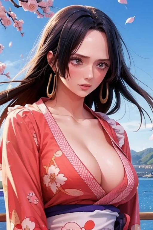 1girl,black hair, floating hair, seaside,scenery,landscape,cherry blossoms, falling petals, sunbeam,god rays,upper body, RENGE,DRESS,KIMONO