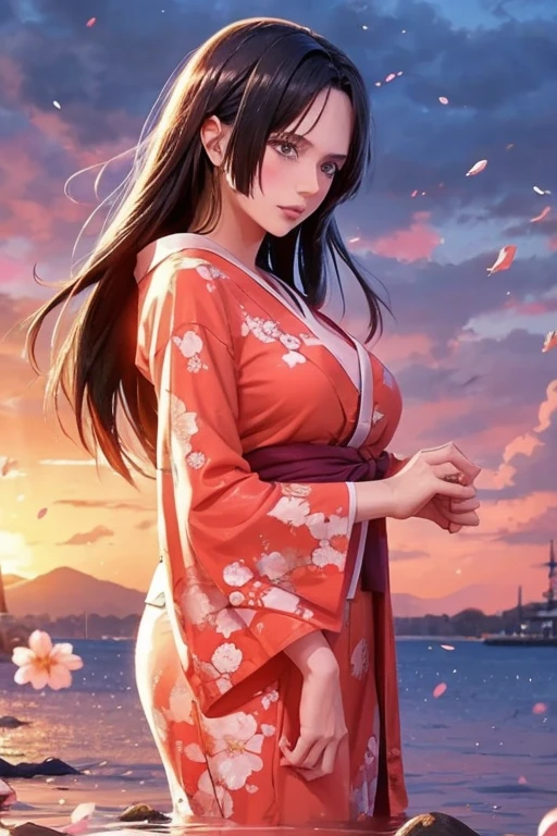 1girl,black hair, floating hair, seaside,scenery,landscape,cherry blossoms, falling petals, sunbeam,god rays,upper body,  RENGE,DRESS,KIMONO