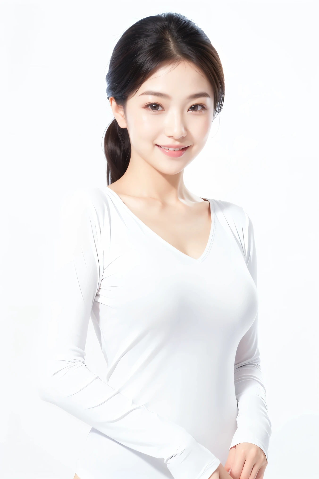 (highest quality、Tabletop、8k、Best image quality、Award-winning works)、Cute beauty、Straight medium hair、(alone:1.2)、(White fitted V-neck long sleeve knit:1.2)、(Close-fitting V-neck long-sleeve knit:1.1)、(The simplest pure white background:1.6)、(Perfectly fixed in front:1.1)、(Face close-up:1.2)、(Facing forward:1.1)、(Very large breasts:1.3)、(Accentuate your body lines:1.2)、(Perfect female frontal portrait with proper margins:1.2)、Beautiful and exquisite、Look at me and smile、(Perfect Makeup:1.1)、Bright lipstick、Ultra-high definition beauty face、Ultra HD Hair、Ultra HD Shining Eyes、Ultra High Resolution Perfect Teeth、Super high quality glossy lip、Accurate anatomy、Very beautiful skin、(Pure white skin shining in ultra-high resolution:1.2)、An elegant upright posture when viewed from the front、(Very bright:1.3)