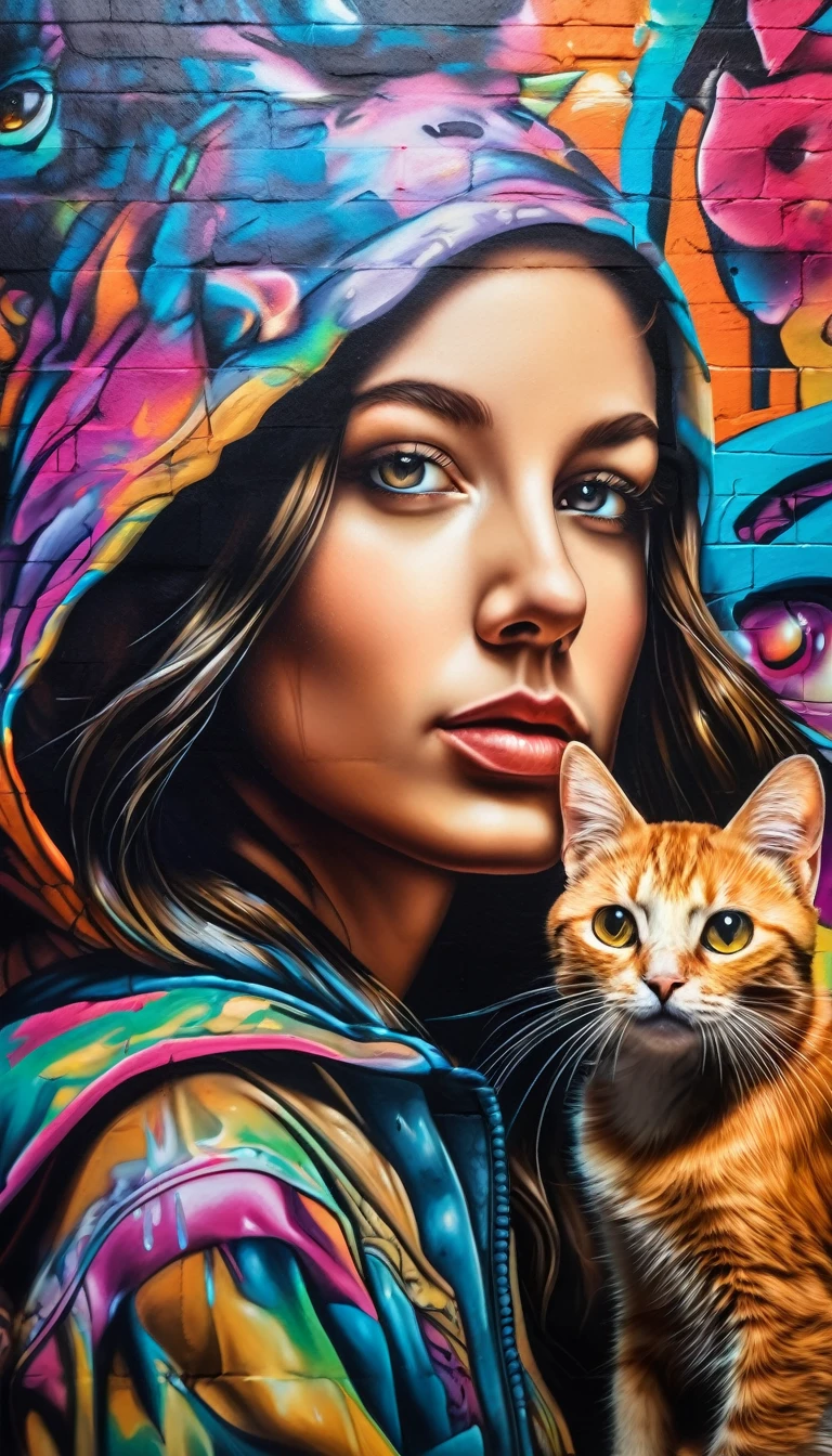 surreal graffiti mural, a painting on the wall showing a girl with a cat, detailed facial features, intricate graffiti wall, vibrant colors, dramatic lighting, cinematic composition, highly detailed, hyperrealistic, 8k, photorealistic, masterpiece