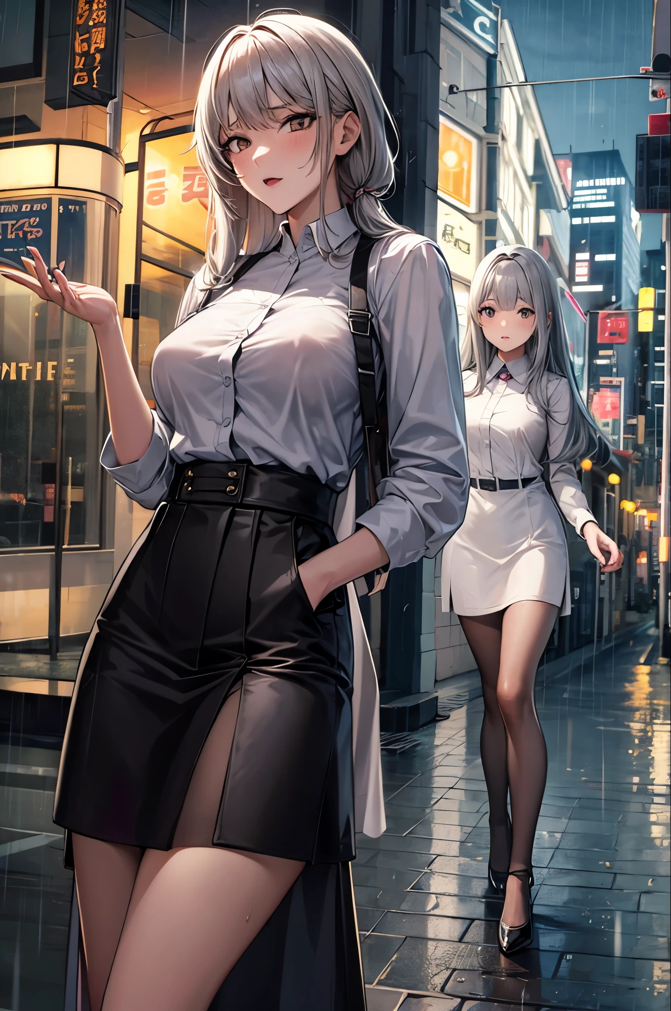 ,twins,Gray Hair,stockings,Mature Woman,rain,Night City