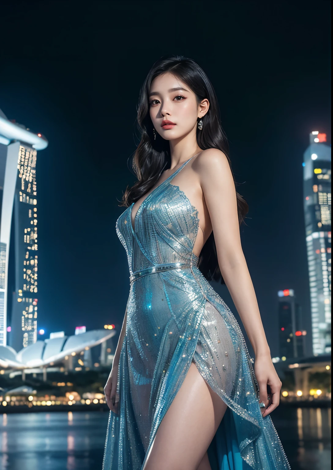 1girl, beautiful Korean girl, standing in front of Marina Bay Sands Hotel, beautiful above knee length dress, detailed face, detailed eyes, detailed lips, long eyelashes, detailed fingers, elegant dress, beautiful background, Singapore, hyper-detailed, 8k, photorealistic, cinematic lighting, vibrant colors, fantasy art, masterpiece