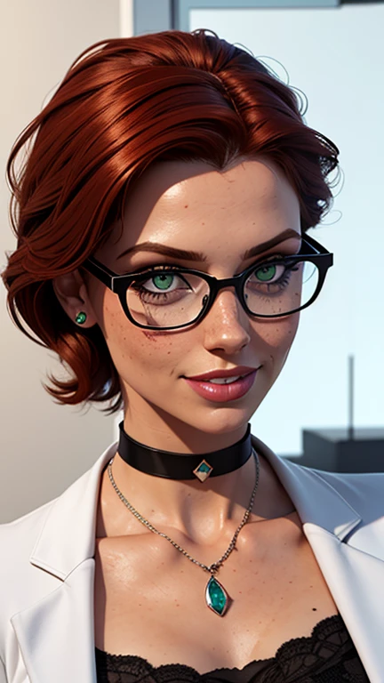 masterpiece, best quality, 3D rendering, 3DMM style, Close-up, sportrait, 3D, 1girll, smile, wearing glasses, Solo, (Brunette long red hair 3.2), choker necklace, freckles, jewelry, Look at the camera realistically, Upper body, (White suit 1.2)Simple background and white, edged, looking away, short hair, parted lips, green eyes, gothic, choker and necklace, wearing makeup INFORMATION