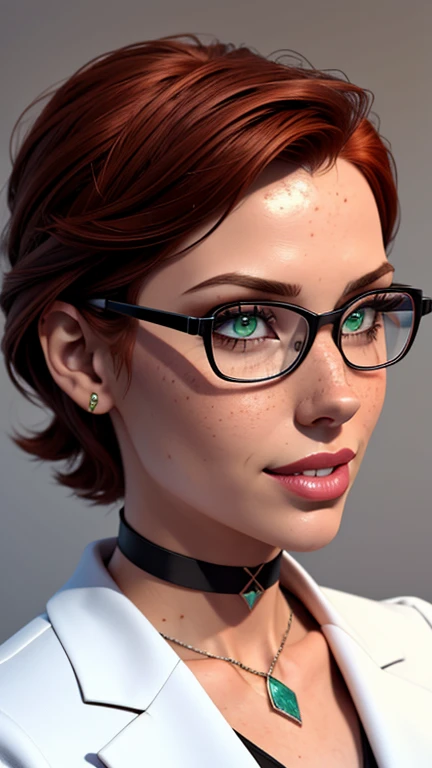 masterpiece, best quality, 3D rendering, 3DMM style, Close-up, sportrait, 3D, 1girll, smile, wearing glasses, Solo, (Brunette long red hair 3.2), choker necklace, freckles, jewelry, Look at the camera realistically, Upper body, (White suit 1.2)Simple background and white, edged, looking away, short hair, parted lips, green eyes, gothic, choker and necklace, wearing makeup INFORMATION