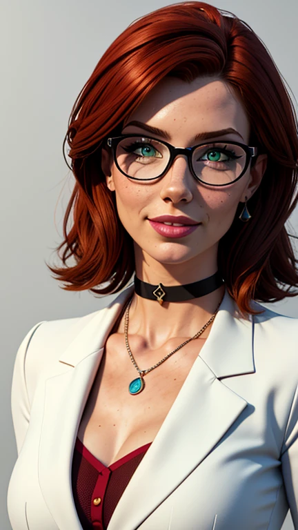 masterpiece, best quality, 3D rendering, 3DMM style, Close-up, sportrait, 3D, 1girll, smile, wearing glasses, Solo, （Brunette long red hair 3.2）, choker necklace, freckles, jewelry, Look at the camera realistically, Upper body, （White suit 1.2）Simple background and white, edged, looking away, short hair, parted lips, green eyes, gothic, choker and necklace, wearing makeup INFORMATION
