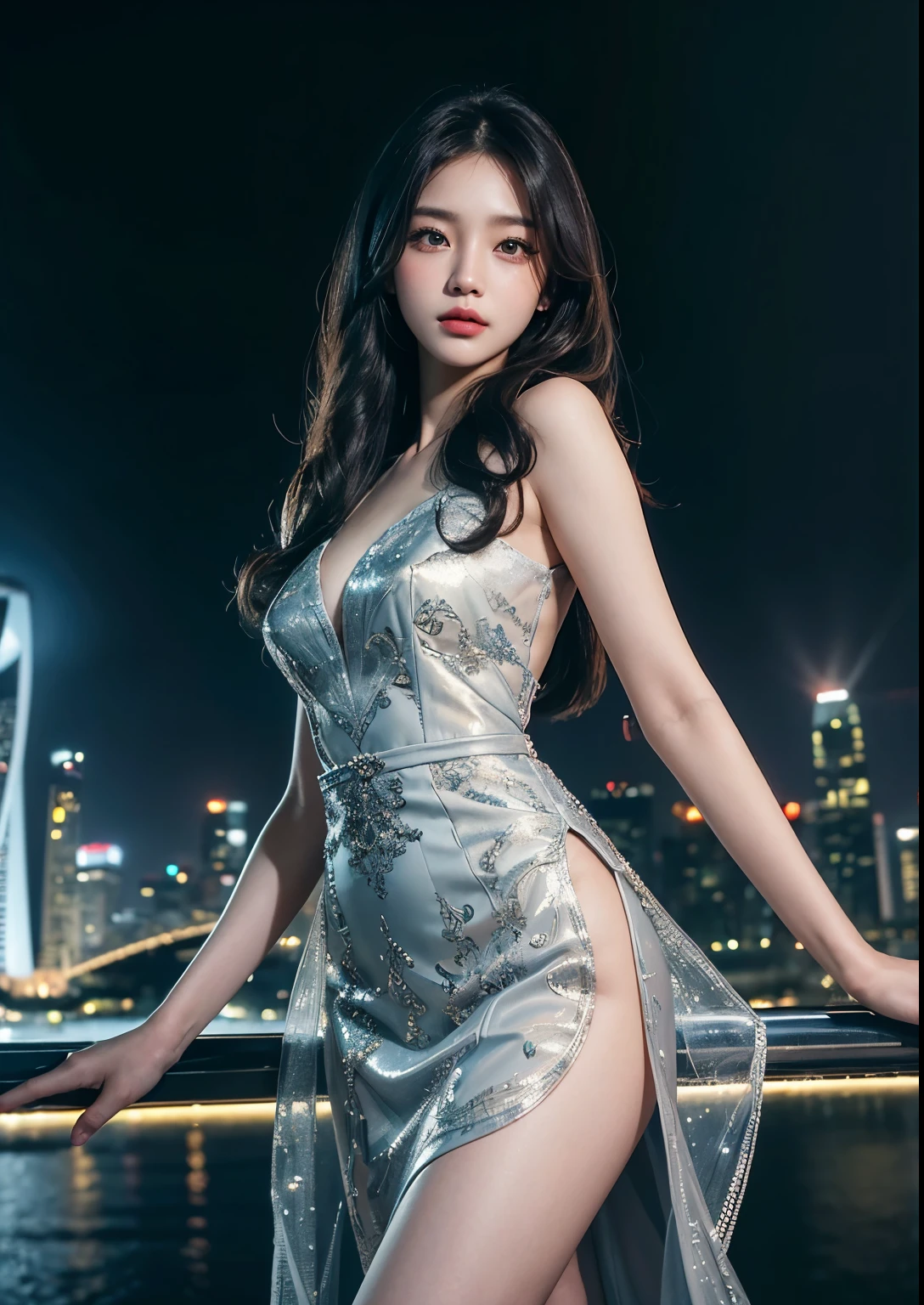1girl, beautiful Korean girl, standing in front of Marina Bay Sands Hotel, beautiful above knee length dress, detailed face, detailed eyes, detailed lips, long eyelashes, detailed fingers, elegant dress, beautiful background, Singapore, hyper-detailed, 8k, photorealistic, cinematic lighting, vibrant colors, fantasy art, masterpiece