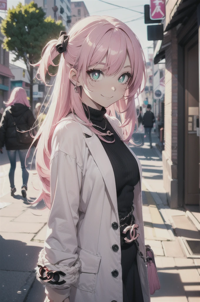 (street snap, Wearing CHANEL and looking happy. )(((masutepiece))) fullllbody(1 girl)((Pink hair, Long hair,Straight hair,two side up)) (Green eyes),eyeshadows, eye line,gloweyes, ultradetailed eyes, intricate eyes, Beautiful eyes, ((Glowing pink pupils))a 18 year old girl