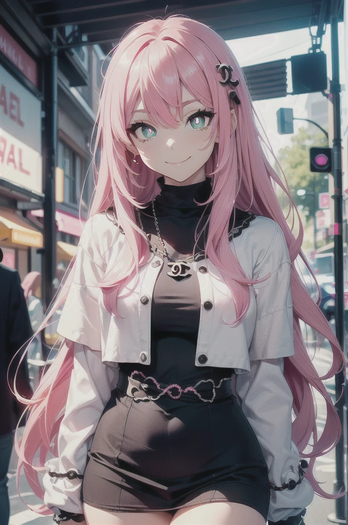 (street snap, Wearing CHANEL and looking happy. )(((masutepiece))) fullllbody(1 girl)((Pink hair, Long hair,Straight hair,two side up)) (Green eyes),eyeshadows, eye line,gloweyes, ultradetailed eyes, intricate eyes, Beautiful eyes, ((Glowing pink pupils))a 18 year old girl