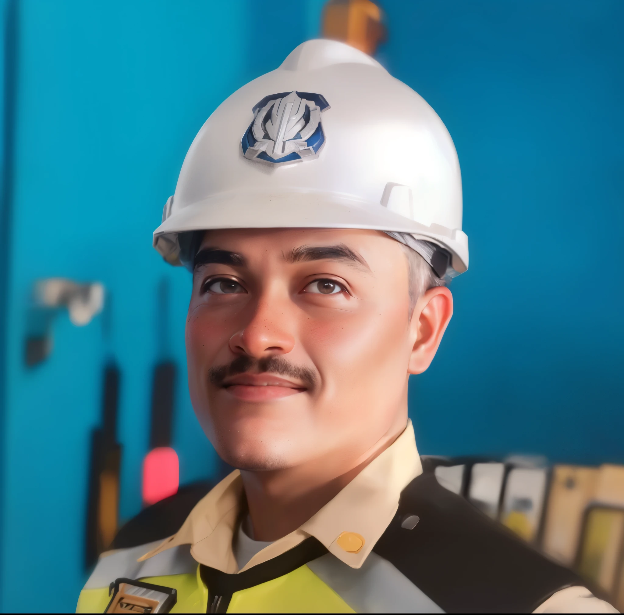 there is a man wearing a hard hat and a vest, civil engineer, wearing helmet, engineer, super detailed, headshot profile picture, andy worhol, portrait shot, ismail, john jude palencar, photo portrait, ramil sunga, full protrait, raden saleh, portrait shot 8 k, portrait n - 9, helmet on, potrait, portrait picture
